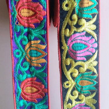 Red Fabric With Purple Velvet Trim With Green, Red And Orange Thread Embroidery, Approx. 65mm Wide - 200317L187